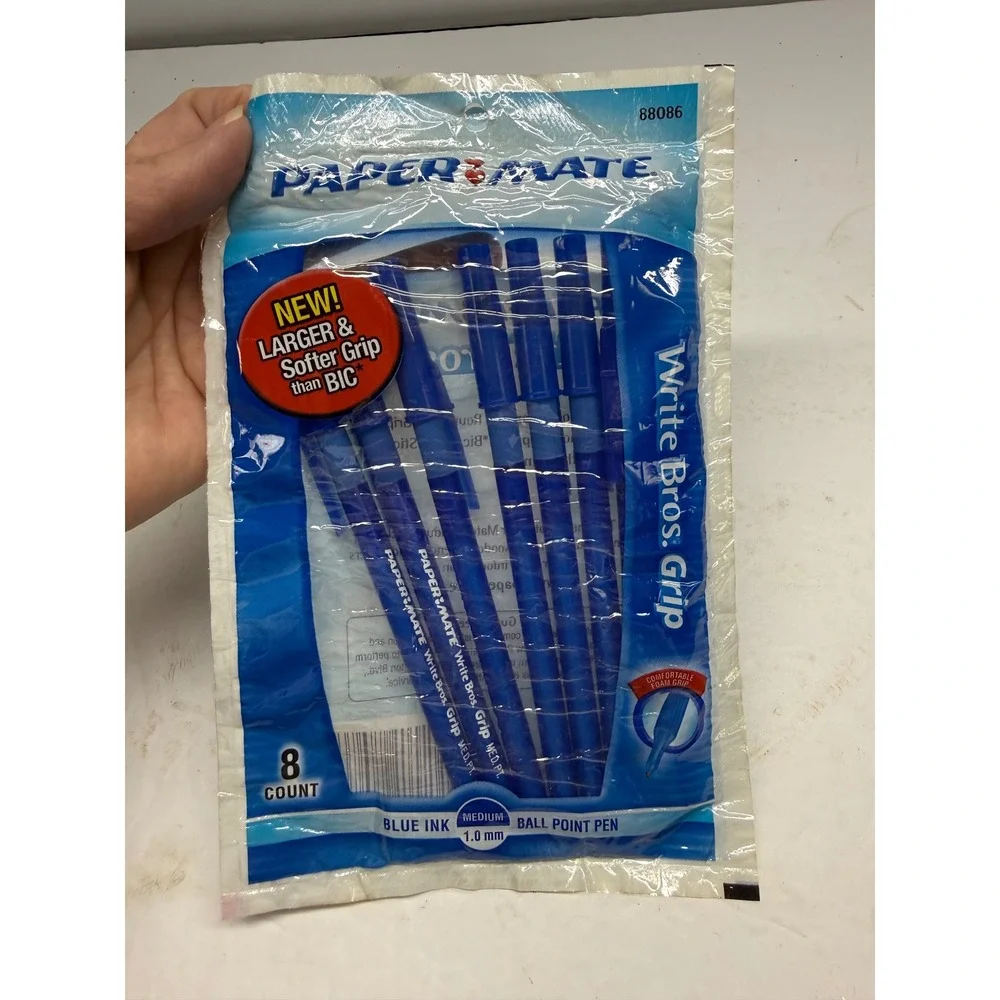 Paper Mate Write Bros Grip Blue Ink Ballpoint Pens Medium 1.0mm 8 Count 88086